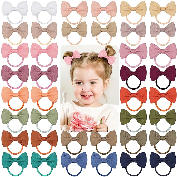 CÉLLOT Toddler Hair Accessories - 40pcs 2.75" Elastics Rubber Ribbon Bands, Bows for Baby Girls, Kids & Children, Pastel Colors