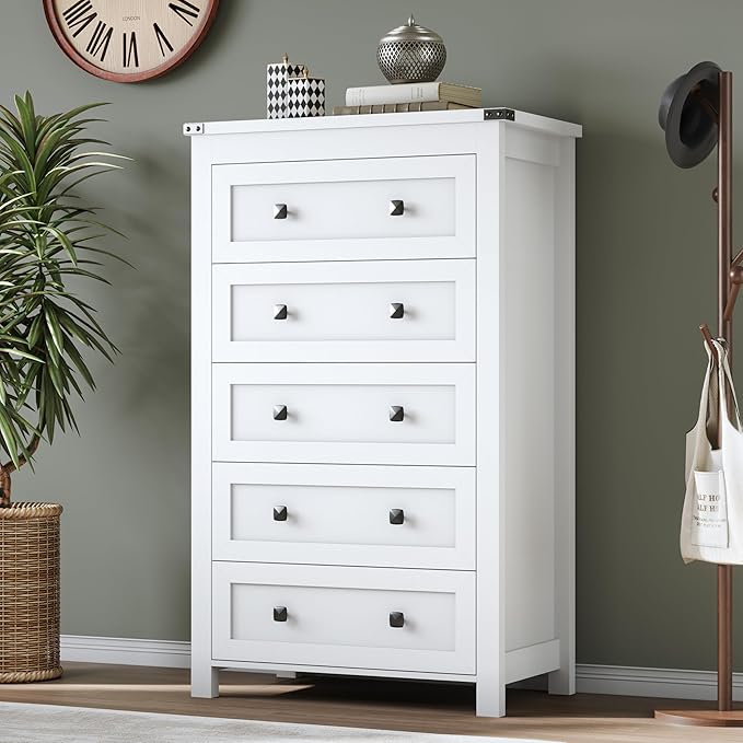 Tall 5-Drawer Dresser, Modern Wooden Storage Chest of Drawers, Dresser TV Stand, Wood Drawer Organizer with Metal Handles for Bedroom, Living Room, Hallway