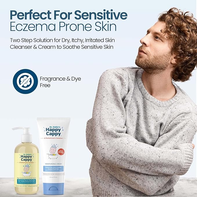 Happy Cappy Baby Shampoo and Body Wash and Moisturizing Cream Bundle - Eczema Body Wash and Lotion for Kids, Toddler, Adults, Helps with Dryness, Reduces Itching, Dermatologist Tested, Fragrance-Free