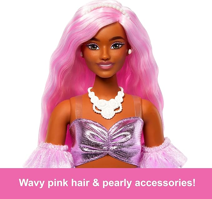 Barbie Deluxe Style Doll #1 in Barbiecore Outfit, Pink Hair and Glossy Pink Dress with Accessories Like Velvet Gloves, Money Purse, and More