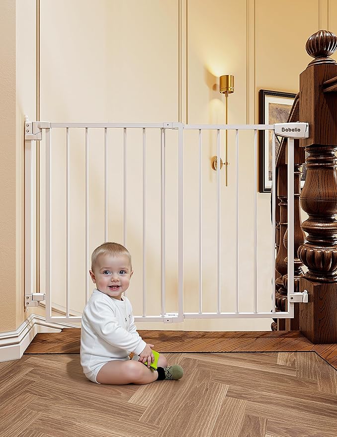 Babelio 29.7-46.5" No Bottom Bar Baby/Dog Gate for Stairs, House and Doorways, Auto Close Safety Pet Gates with Large Walk Thru Door, Hardware Mount, White