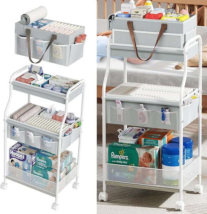 2 In1 Baby Diaper Caddy Organizer & Storage Cart, 3-Tier Rolling Diaper Organizers with Divider and 12 Pocket，Nursery Bedside Caddy Utility Cart for Baby Clothes & Dresser Baby Bottle -Baby Essential