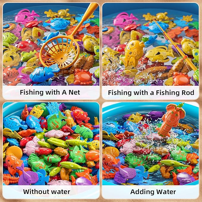 Pool Fishing Toys Games, Water Table Bathtub Toy with Inflatable Pool Pole Rod Net Plastic Floating Fish, Birthday Gifts for Kids Age 3 4 5 6 Year Old,Kids Outdoor Toys