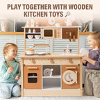 ROBOTIME Wooden Play Kitchen Set, Play Kitchen Set for Kids with Realistic Design, Kids & Toddlers Kitchen Playset with Dishwasher, Toy Kitchen Set for Boys and Girls Ages 3+ (Brown)