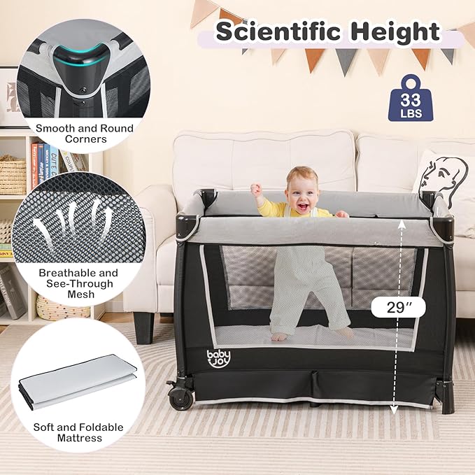 BABY JOY 5 in 1 Pack and Play, Portable Nursery Center Baby Playard w/Bassinet & Diaper Changing Table, Infant Bassinet Activity Center with Toys, Music, Oxford Bag for Toddlers (Space Grey, Classic)