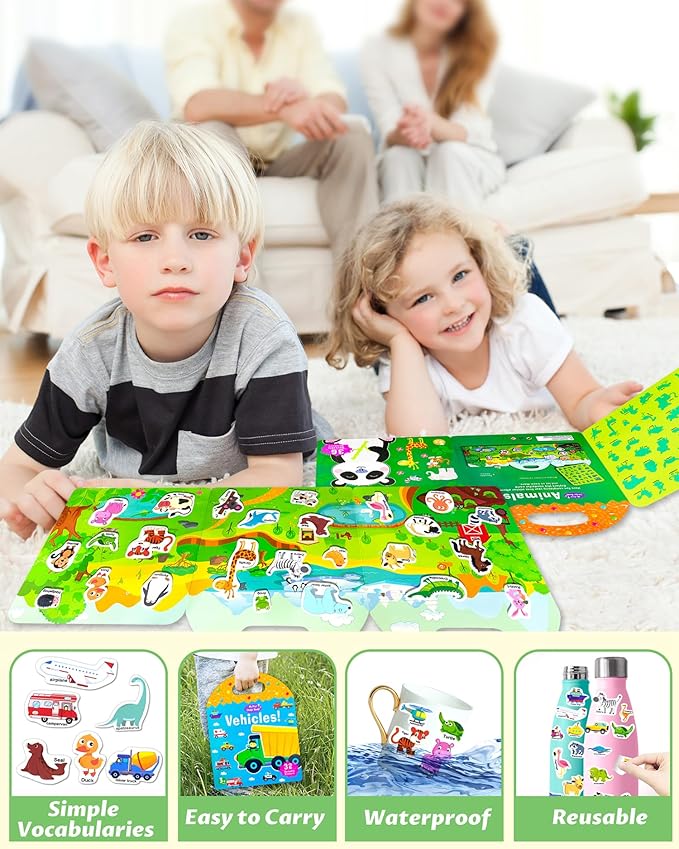 Reusable Sticker Book for Toddlers 2-4 Years, Stickers for Kids, Toddler Sticker Book Ages 1-3, Toddler Craft Activities, Toddlers Travel Toys Ages 2+ Boy Girl Birthday Gifts