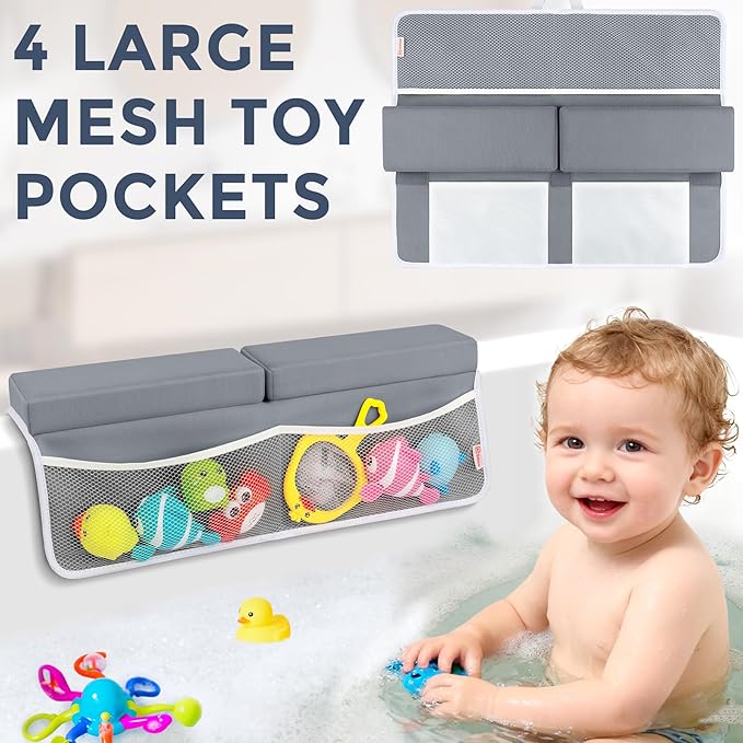 Bath Kneeler and Elbow Rest Pad Set - Comfortable 1.5” Thick Baby Bath Kneeler Pads with Toys Organizer, Non-Slip Knee Arm Support Bathtub Mat, Quick-Drying Kneeling Pad for Baby Bath Time