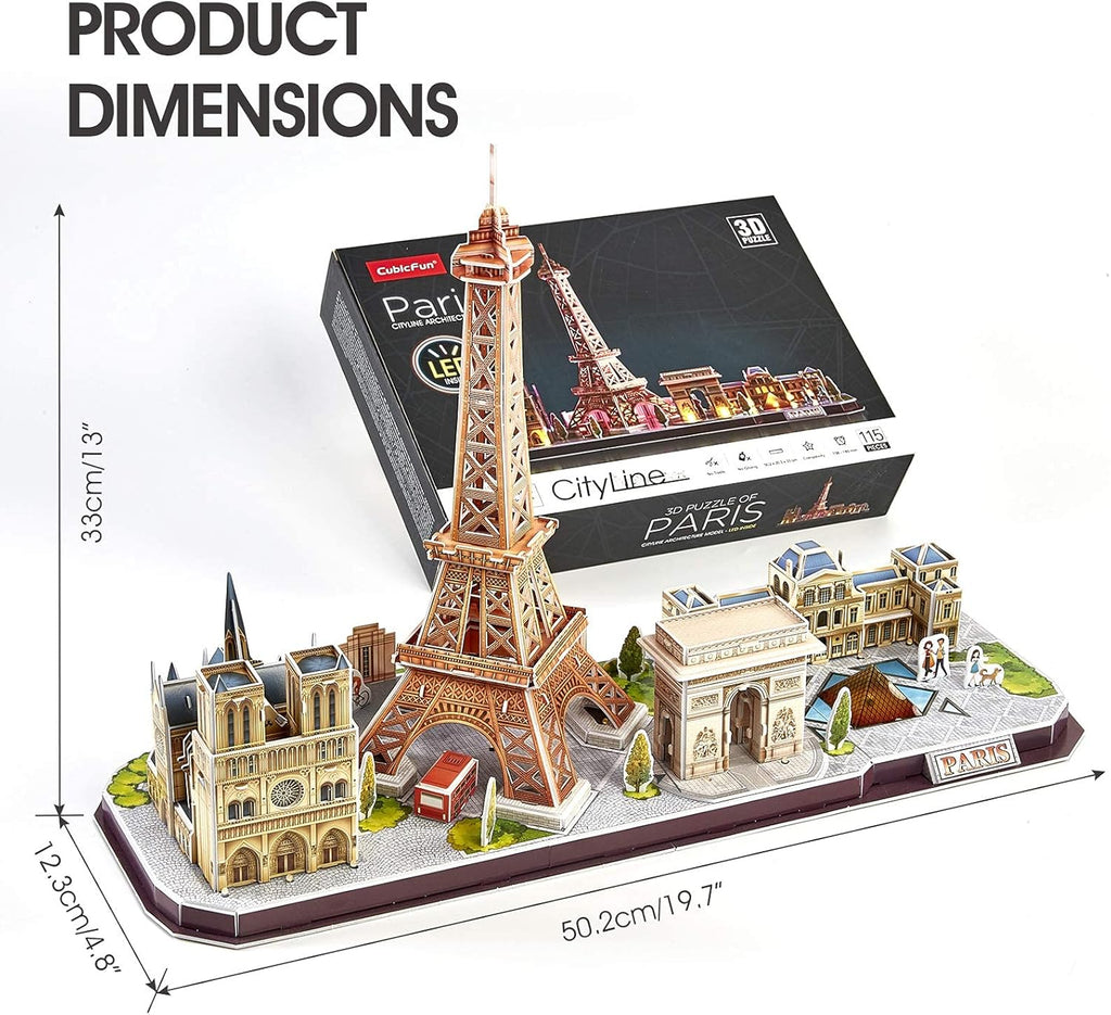CubicFun 3D Puzzle LED Paris Cityline, 115 Pieces, 1 Count, Ages 8-12, Modern Style, Unisex, Gray, Intermediate Skill, Patience Skill, 15.748 x 4 x 12.87 inches, Assembly & Disassembly, PUZZLES