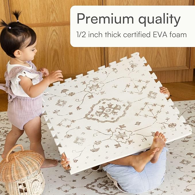 Lillefolk Baby Play Mat for Floor – 6x6ft Vintage Coffee | Soft Non Toxic Premium EVA Foam Tiles for Tummy Time, Crawling & Playroom – Waterproof Floor Mat for Babies & Toddlers (9 Tiles)