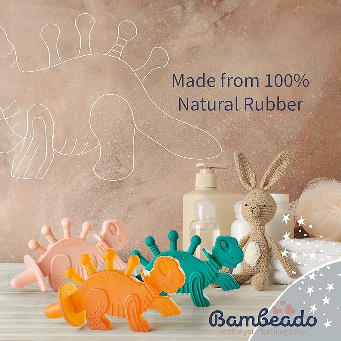 Bambeado Baby Teether Toy and Training Toothbrush: Dibly - The Dino Baby Teething Toys BPA-Free Teethers Inspired by Nature with Natural Rubber Pacifier