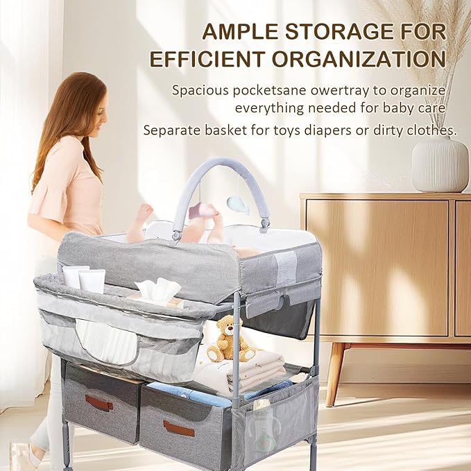 Baby Changing Table,Versatile Folding Changing Table,Waterproof/Foldable/Height Adjustable/Movable/with Silent Wheels/2 Drawers Diaper Changing Station,Mobile Nursery Organizer for Newborn Essentials