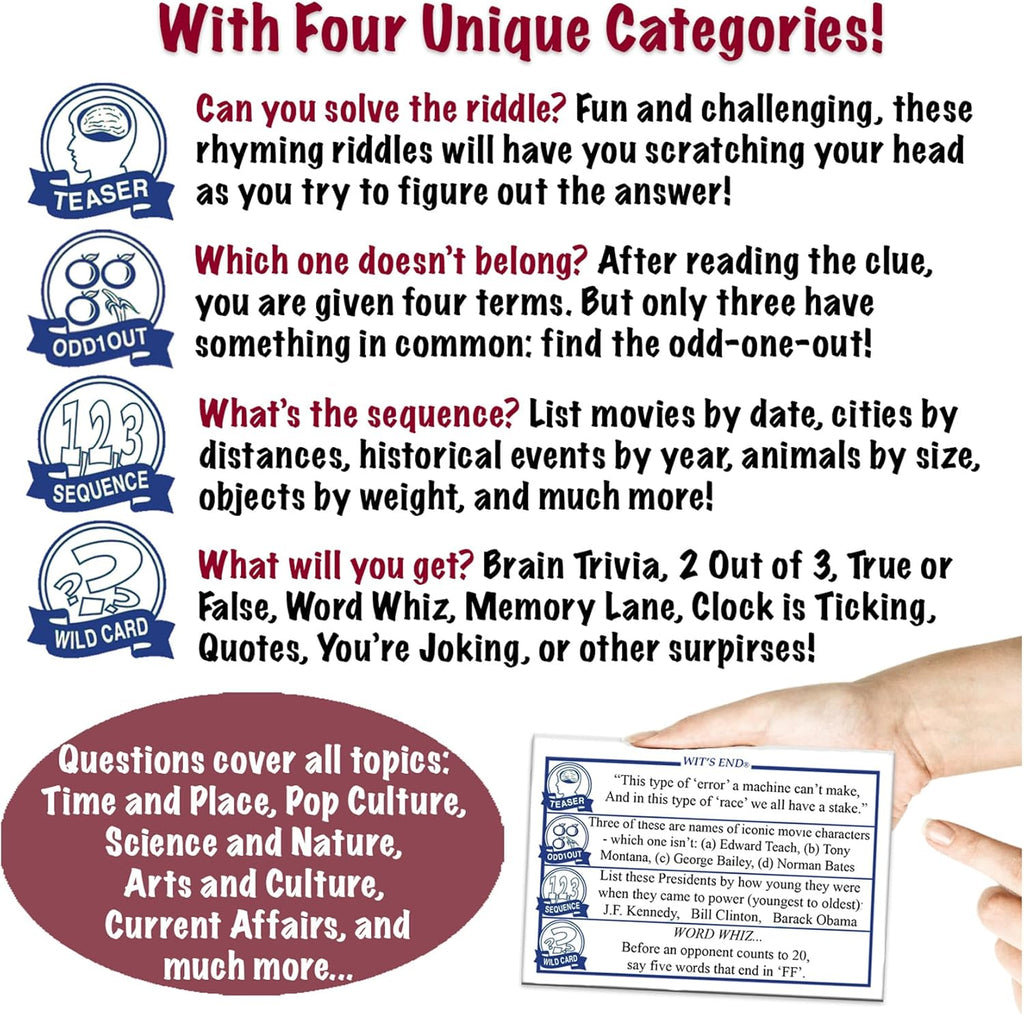 Wit's End — A Smart, Mind-Bending Trivia & Brain Teaser Game That Will Challenge Your Wits & Knowledge — Adult & Family Night Fun