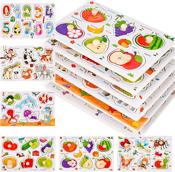 Wooden Peg Puzzles for Toddlers 1-3, 6 PCS Puzzles for Kids, Montessori Toddler Numbers, Vegetables, Fruits, Insects, Sea and Animals Puzzles, Great Preschool Gifts for Girls and Boys