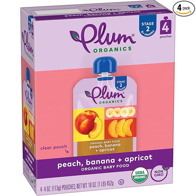 Plum Organics Peach, Banana & Apricot, 6+ Months - Organic Fruit and Veggie Baby Food Pouches, 4 oz Pouch (Pack of 4)