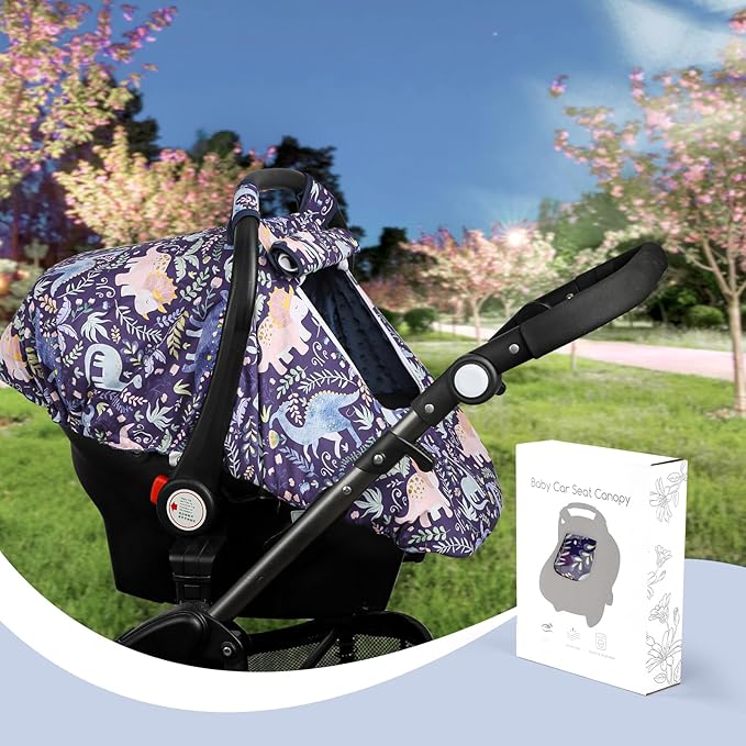 Pea Pod Car Seat Cover Baby, Infant Car Seat Canopy Covers for Newborn with 2 Layers Windows of Breathable Mesh Fabric, Lightweight Polyester/Soft Minky Dot Backing (Dinosaur)
