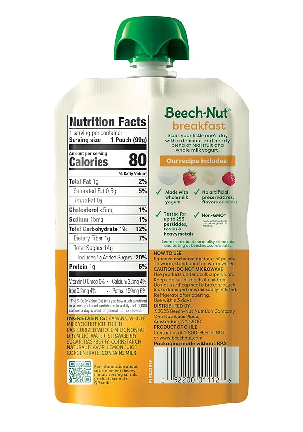 Beech-Nut Toddler Food Breakfast Pouches,Yogurt Banana & Mixed Berry Puree, 3.5 oz (12 Pack)