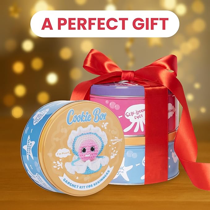 Cookie Box Crochet Kit for Beginners - Learn to Craft Amigurumi Stuffed Animals - Knitting Gift for Kids and Adults - Beginner-Friendly Yarn - Stitch-by-Stitch Video Tutorial - Oyster Pearl