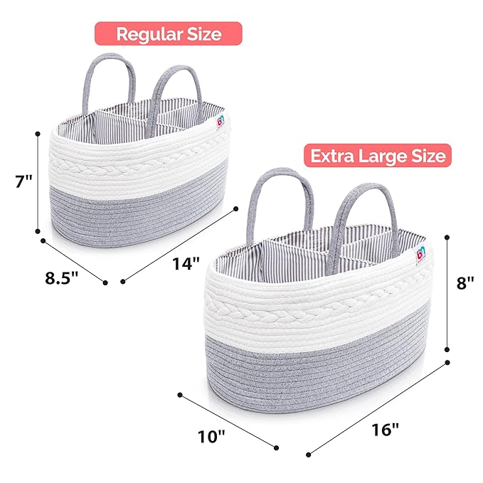 Rope Diaper Caddy - Storage for Baby and Toddler Items - Portable Cotton Organizer Easily Holds Diapers, Wipes, Clothing - Useful for Nursery, Bedroom (Gray, Extra Large)