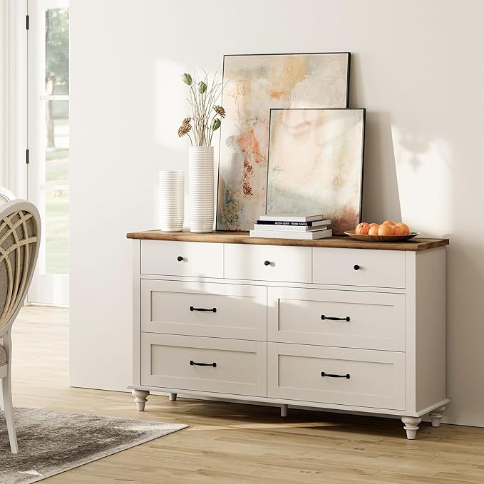 WAMPAT White Dresser Set with 14 Drawers for Bedroom, 2-in-1 Kids Dresser for Nursery Kids Room, Mid Century Modern Chests & Dressers, Distressed Wide Dresser Organizer for Children’s Bedroom