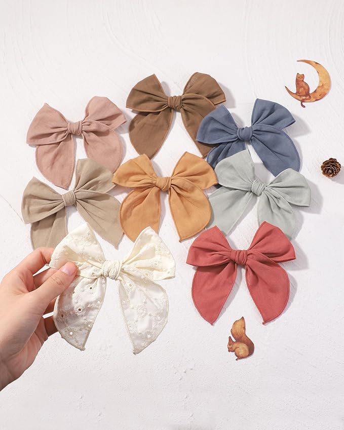 Doboi 8PCS Baby Girls Hair Clips Fable Hair Bows Cotton Linen Bows for Girls Hair Accessories for Baby Toddlers Kids （Includes Beige Cutout Hair Clip）