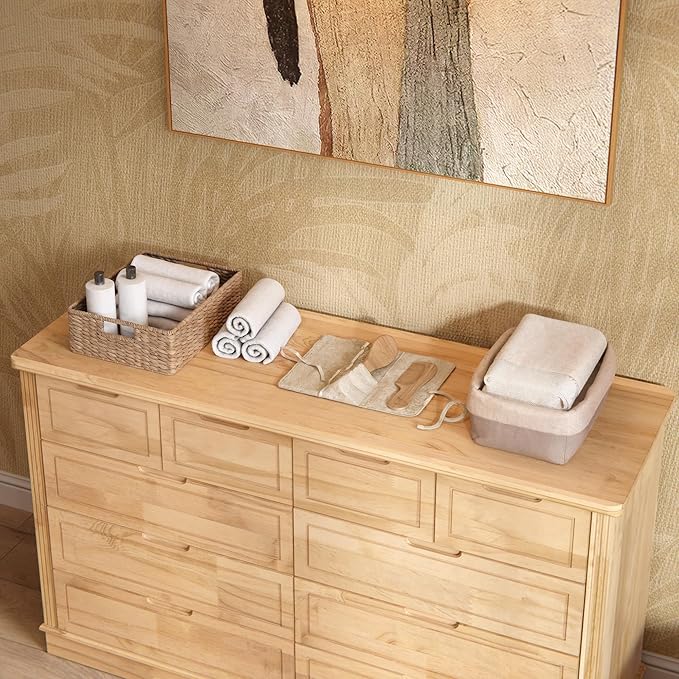 Homsee Baby Changing Table Dresser, 100% Solid Wood Infant Diaper Changing Station Combo, 10-Drawer Baby Nursery Dresser with Removable Tray for Children's Room Bedroom, Nature Color
