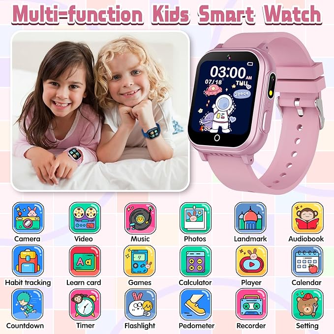 Kids Smart Watch Gift for Girls Ages 3-12, IP67 Waterproof, 32 Puzzle Games, HD Touchscreen Dual Camera Vedio Pedometer Music Player, Kids Watch Toy Birthday Gifts for Girls Ages 5 6 7 8 9 10 (Pink)