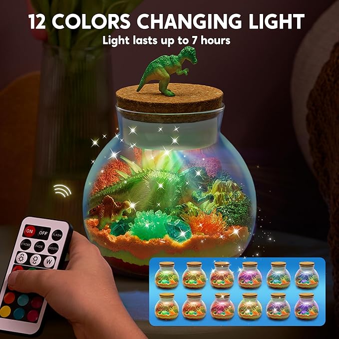 Klever Kits Make Your Own Dinosaur Crystal Terrarium Crafts Kit for Kids-Crystal Growing Science 12 Color LED Night Light Birthday Gifts Toys for Kids