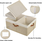 GRANNY SAYS Decorative Storage Boxes with Lid, Large Storage Bins with Double-Open Lid and Divider, Fabric Storage Bin for Clothes, 63L Closet Linen Storage Bin, White/Khaki