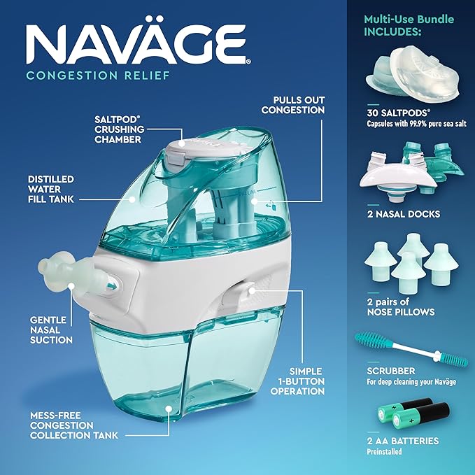 Navage Multi-User Bundle - Navage Irrigation System - Saline Nasal Rinse Kit with 1 Nose Cleaner, 30 Salt Pods, and Extra Nasal Dock and Pair of Nose Pillows