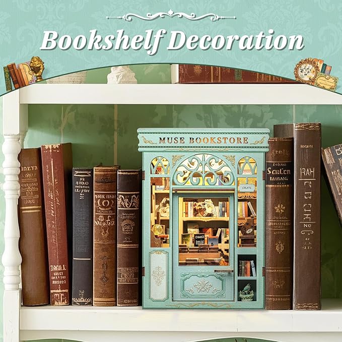 CUTEBEE Book Nook Kit - DIY Miniature House Dollhouse Kit for Adults and Teens, Booknook Tiny House Bookshelf Decor 3D Wooden Puzzle, Gifts for Family, Friends (Muse Bookstore)