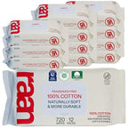 Raan, 100% Cotton Baby & Toddler Wipes, Unbleached, 99% Purified Water, Unscented, EWG verified, Made for Sensitive Skin, Extra Soft and Durable, 12 pack, 720 Count