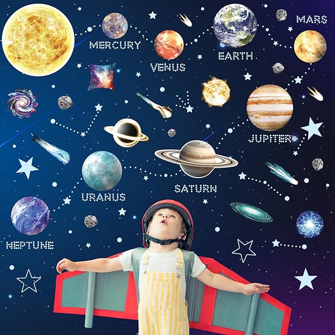 Glow in The Dark Stars and Planets for Ceiling, Robmoda Glow Solar System Wall Stickers, Space Wall Decals for Kids Boys Room (Blue)