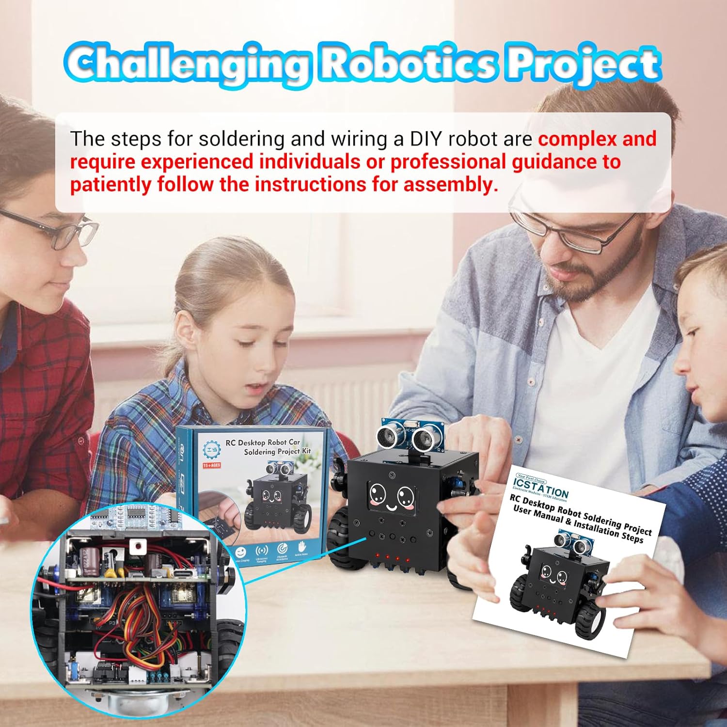 Robot Soldering Project, ICSTATION DIY Robot Car Soldering Practice Kit RC Robot with Time & Expressions Display STEM Science Kits for Adults Teens Ages 15+ School Students Experiment Education