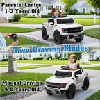 12V Ride on Car Licensed Ford F-150 Raptor, Kids Electric Car with Remote Control, LED Light/Music/MP3, Truck Bed Storage, 3-Point Seat Belt (12V, White)