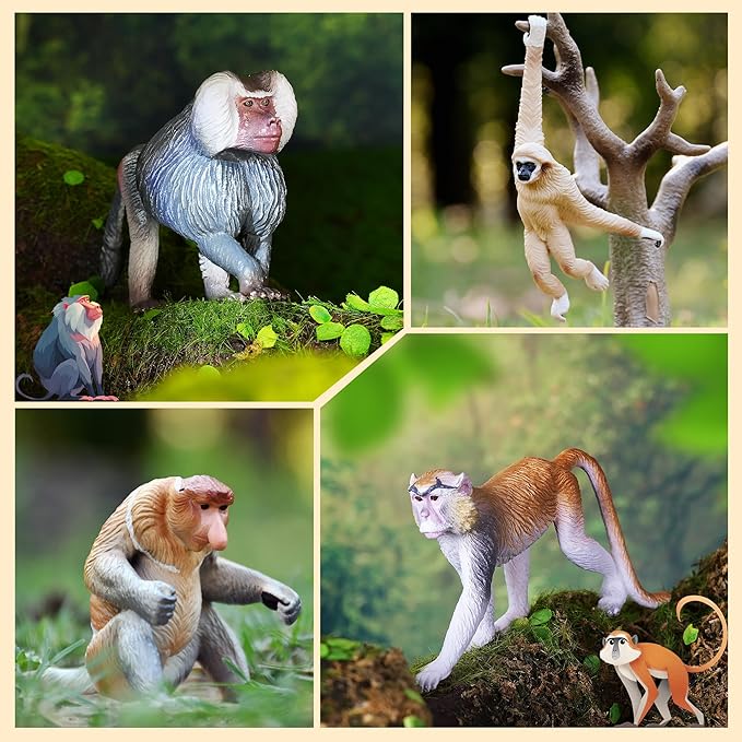 Toymany 15PCS Monkey Primates Figurines, Plastic Jungle Animals Set Included Tree Monkey Ape Tree Chimpanzee Gorilla Orangutan Toys for Kid Todllers