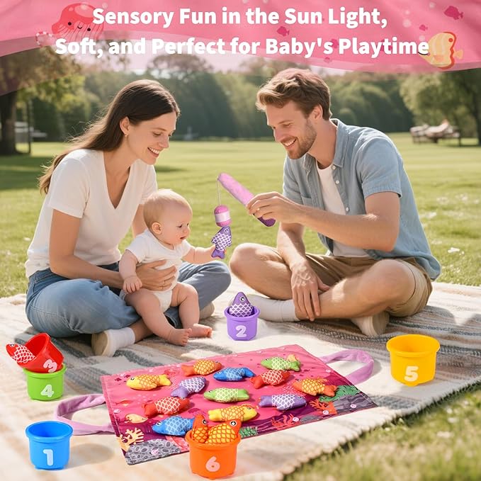 Montessori Toys for 1 Year Old - 20PCS Cloth Toddler Pink Fishing Game with Stacking Cups,Baby Color Sorting Toy 12-18 Months One Year Old Birthday Gift,Toddler Toys for 1 2 3 Year Old Boy Girl Gifts