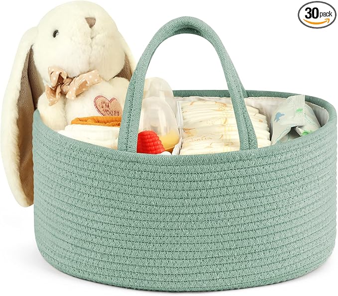 Maliton Diaper Caddy Organizer for Baby, Portable Diaper Storage Organizer for Changing Table and Car, Cotton Rope Nursery Storage Bin Basket for Baby Shower, Newborn Essentials Must Haves - Green