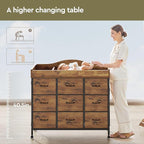 Baby Changing Table with 9 Fabric Drawers, Waterproof Diaper Changing Station & Pad, Mobile Nursery Diaper Changing Table, Baby Furniture, Bedroom, Rustic Brown