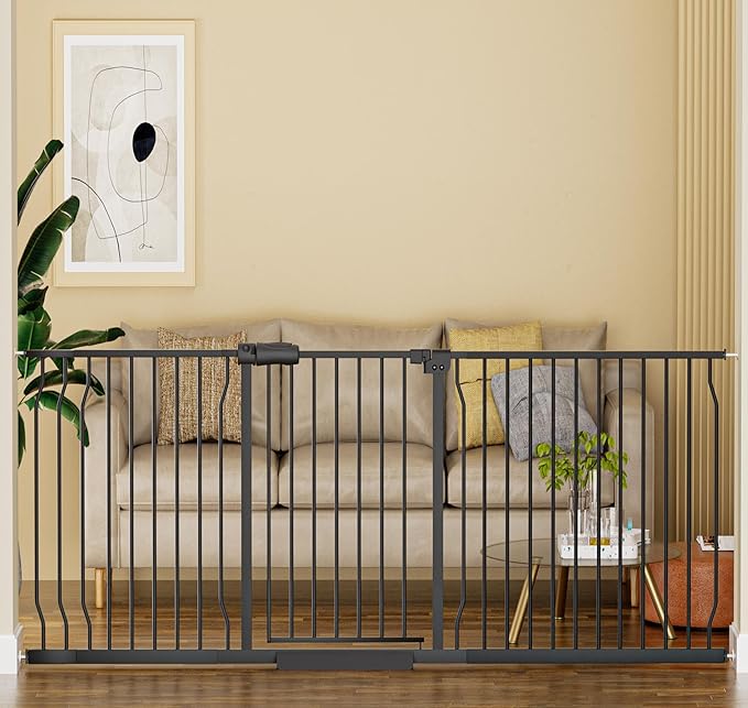 Extra Wide Baby Gate Extra Wide Extra Tall Dog Gates for Stairs Doorways Black Metal Tension Indoor Safety Gates with Pressure Mount 76.38-81.1 Inch