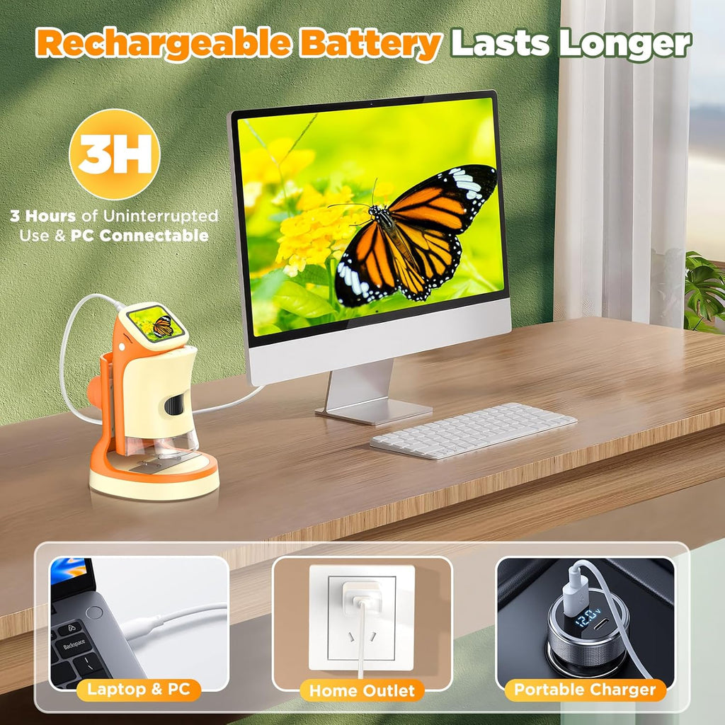 Microscope for Kids 2-in-1 Pocket Portable 1000X 2.0'' HD Screen Handheld Digital Microscopes with 10 Slides, Photo/Video, 6 Adjustable LEDs, Edu Science Kit Gift for Kids Age 5-7 8-12