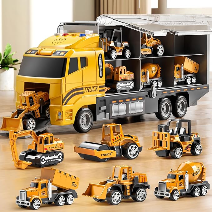 Toddler Boys Construction Truck Vehicle Toy Set with Play Mat and Die-Cast Toy Car, Transport Carrier Truck for Kids 3-5, Birthday Gifts Toys for 3-8 Year Old Boys
