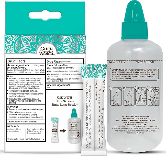 GuruNanda Sinus Rinse Bottle & Saline Premixed Packets 120ct - All Natural Sinus Rinse Packets to Help with Allergies & Congestion Relief, 0.08oz Each