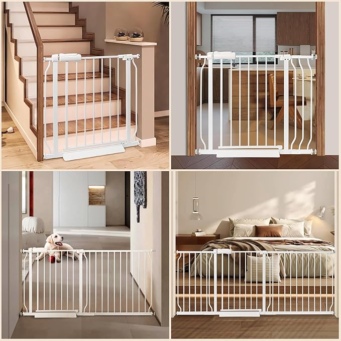 Baby Gate for Stairs No Drill 33.86-38.58 Inch,Pressure Mounted Metal Child Safety Dog Gates for Doorways,Walk Through Pet Gate Indoor Auto Close,White