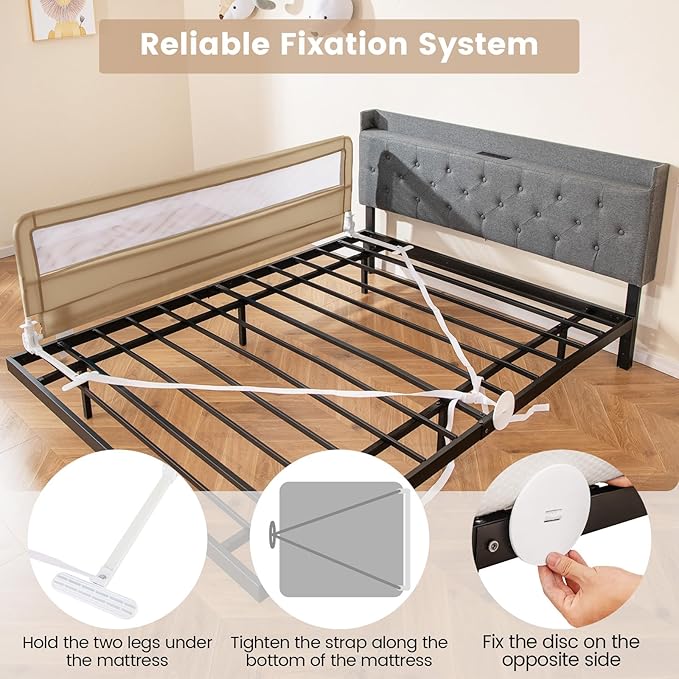 HONEY JOY Bed Rail for Toddlers, 71-in Extra Long, Portable Safety Bed Guardrail w/Double Safety Child Lock, Foldable Baby Bed Rail Guard, Fit King & Queen Full Twin Size Bed Mattress(Beige, Pack 2)