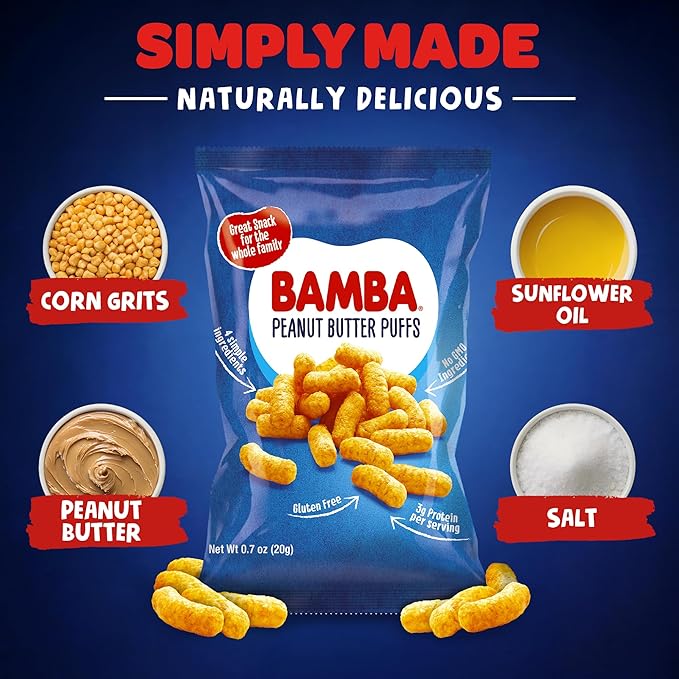 Gratify Bamba Peanut Butter Snacks for Families - All Natural Peanut Butter Corn Puffs Snacks ( 24 pack 0.7oz bags) - Made with 4 Simple Ingredients