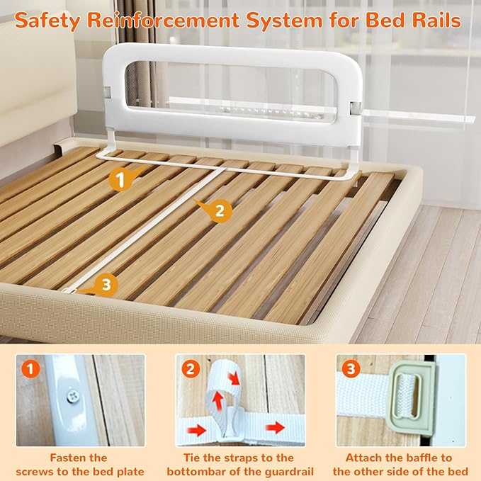 Bed Guard Rail for Toddlers - 47" Adjustable Heights & Folding up Portable Bed Railing for Baby - Toddler Bed Rails Guard for Crib, Twin, Bunk,Full Size, Queen & King Bed (White)