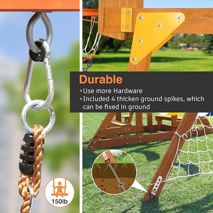 6-in-1 Wooden Playground Playsets for Backyards, Outdoor Swing Sets for Kids Ages 3-6, Little Playground Set with Picnic Table, Drawing Board, Sandbox, Swings, Basketball Hoop & Soccer Net