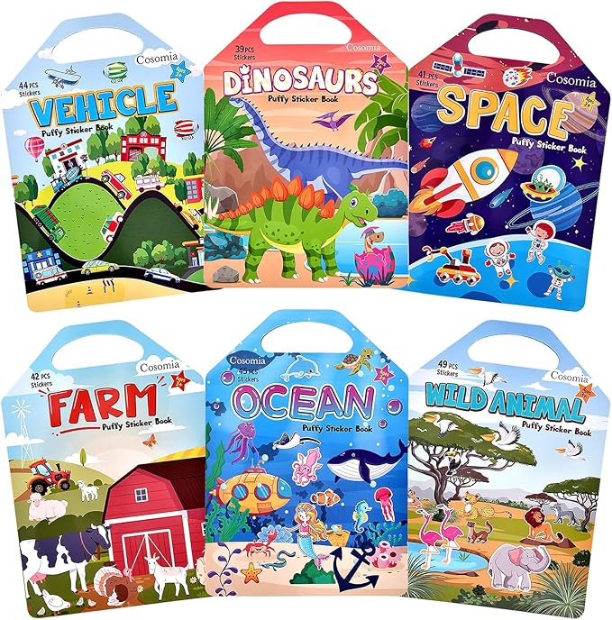 6 Set (260pcs) Puffy Sticker Books Activity for Kids, Animal, Farm, Dinosaurs, Space, Vehicle, Ocean, 3D Reusable Stickers for Boys and Girls, Travel Sticker Books for Kids Ages 3+