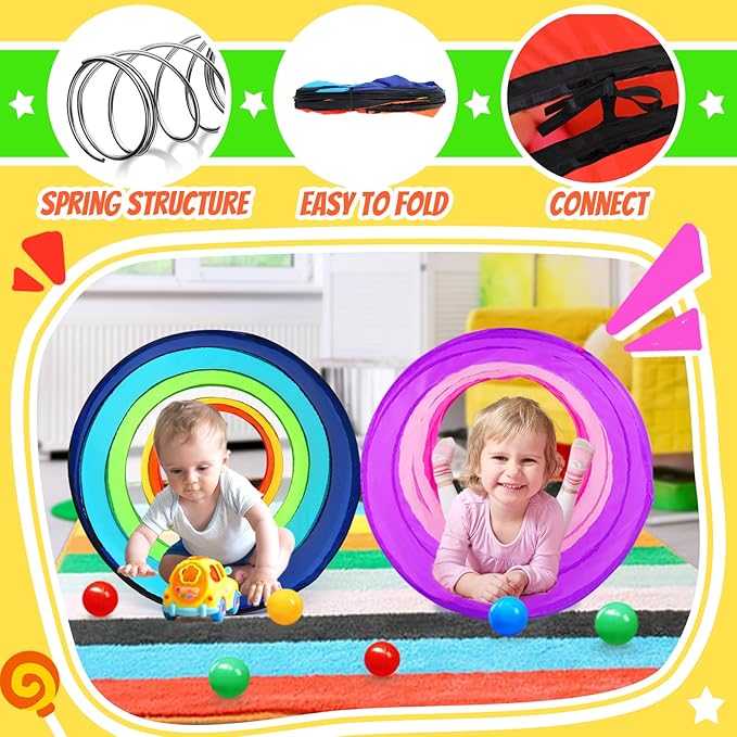 Kids Play Tunnel Tent for Toddler, 2 Pack 6-ft Pop Up Crawl Tunnel Toy for Baby Children or Dog Cat, Collapsible Gift for Boy and Girl Play Tunnel Indoor Outdoor Game (Rainbow Tunnel+Pink Tunnel)