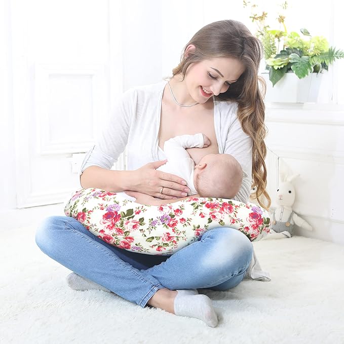 LAT Nursing Pillow for Breastfeeding,100% Cotton Removable Cover,Ergonomic Breast Feeding Pillows for Mom and Baby,Machine Washable(Flower)